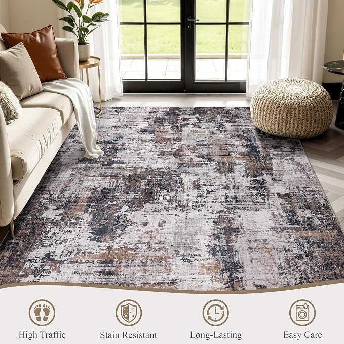 Sasttie 10x14 Soft Area Rug for Living Room, Modern Abstract Washable Large Carpet for Bedroom, with Non-Slip Backing, Black and Brown