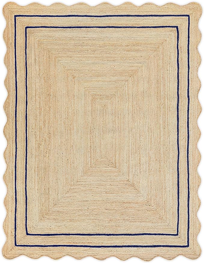 Wave Scalloped Natural Jute Runner - Boho Jute Entryway Rug, Navy (9'x12')