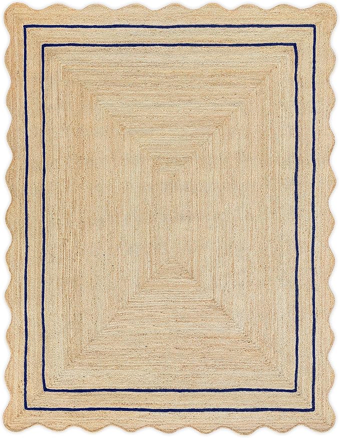 Wave Scalloped Natural Jute Runner - Boho Jute Entryway Rug, Navy (4'x6'')