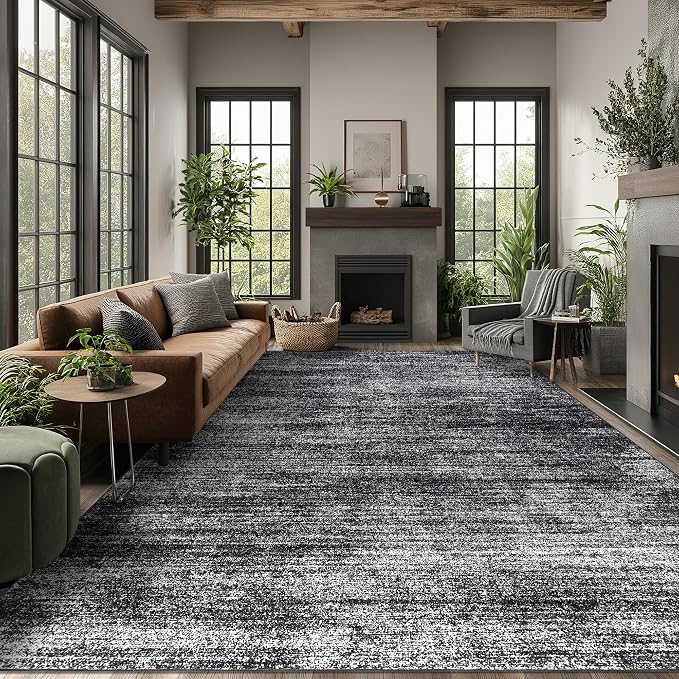 Black Area Rug 8x10 Abstract Soft Washable Rugs Hardwood Floor Protector | Boho Modern Neutral Design, for Living Room Bedroom, Low Pile Carpet 8 x 10, Large, Non Slip Rubber Backed, Floor Covering