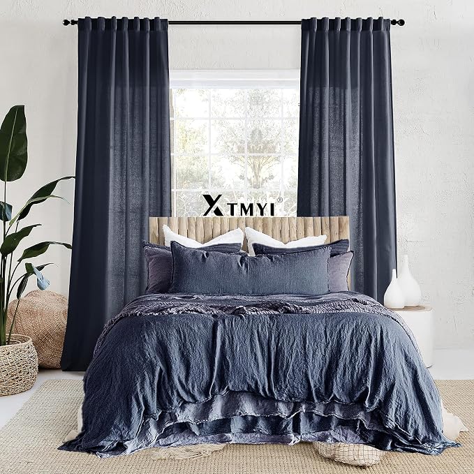 XTMYI Navy Blue Curtains 96 Inches Long,Linen Semi Sheer Gaming Gamer Curtains for Boys Room Men Bedroom Man Cave Office,96in Length 2 Panels Set,Dark Ocean