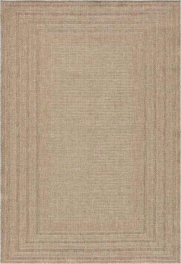 Berry Easy Jute Indoor Outdoor Rug, 5x7 Neutral Bordered Jute Look, Weather Resistant, Easy Care, Lightweight Outdoor Farmhouse Carpet for Patio, Porch, Living Room (5' x 7', Natural)
