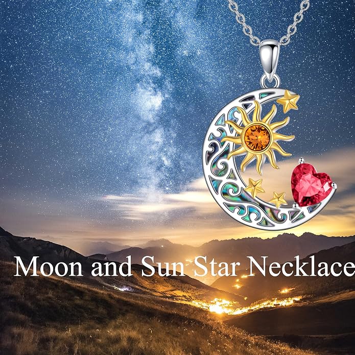 AOBOCO 925 Sterling Silver Sun and Moon Star Pendant Necklace with Simulated Birthstone, Birthday Christmas Jewelry Gift for Women Teen Girls