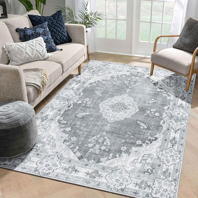 MUJOO 5'x7' Area Rugs Grey Washable Boho Rug Non Slip Low-Pile Floral | Machine Washable Large Throw Carpet for Bedroom Living Room Dining Room Soft Floor Indoor Vintage Bohemian Flowers