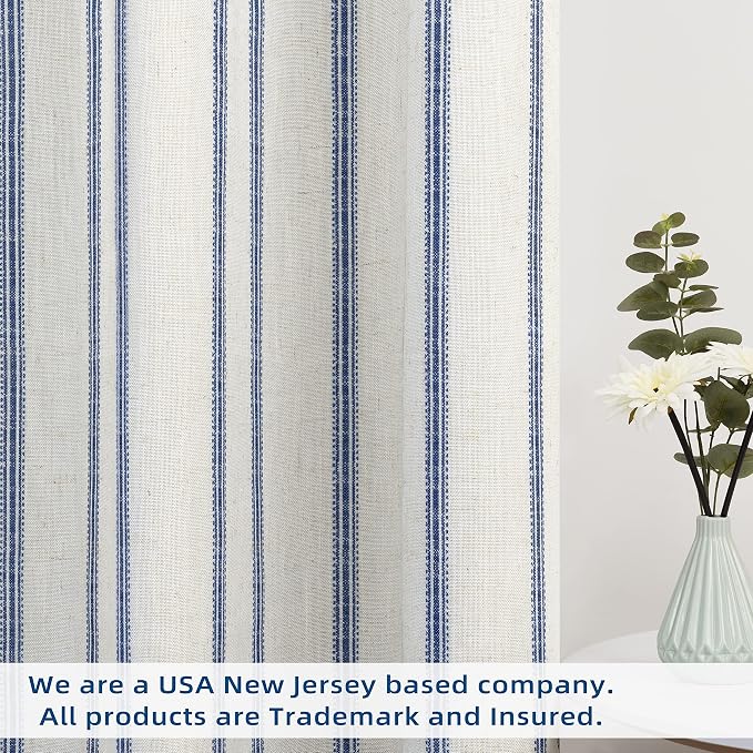 DriftAway Farmhouse Stripe Blackout Curtains, W52xL63, Navy Blue | Blackout, Linen Texture, Stripe Pattern, Rod Pocket & Back Tab, Two Layers, Bedroom Living Room Use, Sound Reducing Design