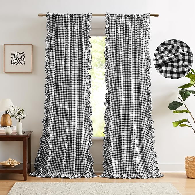 ZJDECOR 95 Inches Black White Buffalo Plaid Farmhouse Ruffle Curtains | Woven Crinkled Not-See-Through Sheer Drapes,Shabby Chic Window Treatment for Bedroom Living Room,Rod Pocket,40"Wx95"Lx2