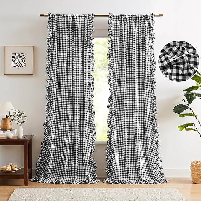 ZJDECOR Black White Buffalo Plaid Ruffle Window Curtains 84 Inches Long | Woven Crinkle Not-See-Through Sheer Drape,Rustic Shabby Chic Window Treatment,Bedroom Living Room,Rod Pocket,40"Wx84"Lx2