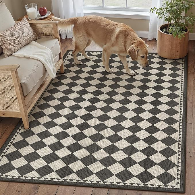 HUGEAR 5x7 Outdoor Rug Black/Beige Linen-Look Fabric Checkered Area Rug High Traffic Stain Resistant Easy Clean Durable Rugs for Indoor/Outdoor Patio Deck Balcony Porch Garden Courtyard