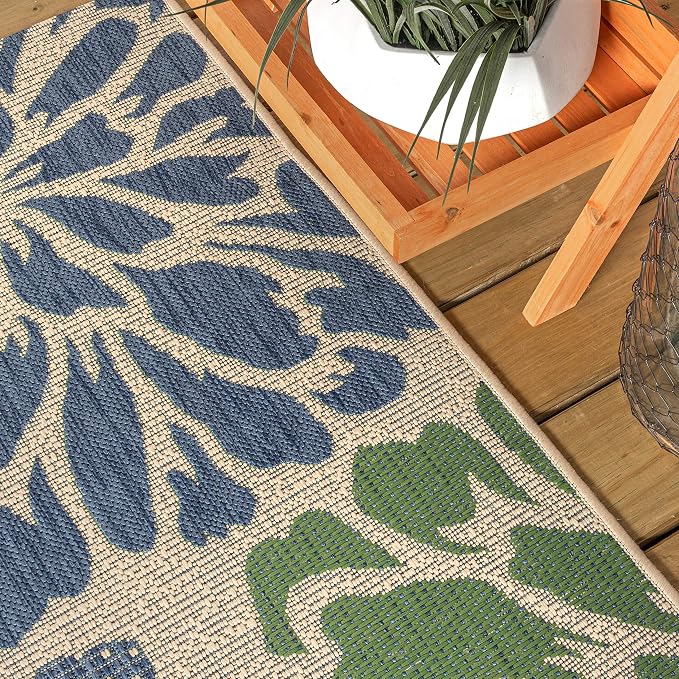 JONATHAN Y Floral Textured Weave Indoor Outdoor Square Area Rug 4X4 Navy/Green, Zinnia Modern for Backyard, Patio, Porch, Easy-Cleaning, High Traffic, Pet-Friendly, Non-Shedding (SMB110B-4SQ)