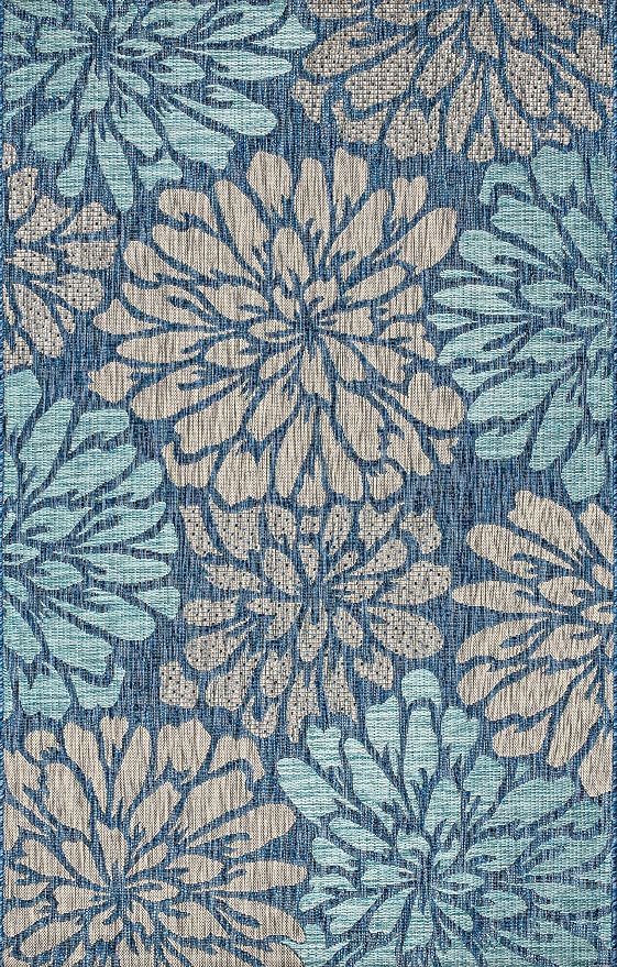 JONATHAN Y Floral Textured Weave Indoor Outdoor Area Rug 9X12 Navy/Aqua, Zinnia Modern for Backyard, Patio, Porch, Easy-Cleaning, High Traffic, Pet-Friendly, Non-Shedding (SMB110C-9)