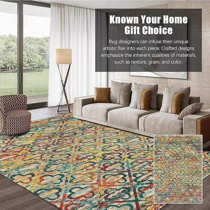 RUGSURE Washable Area Rugs, 8' x 10' - 1/6 Thick - Stain & Water Resistant Non-Slip - Perfect Resistant Rug for Living Room, Bedroom, Nursery, Pet & Child Friendly, Vibrant Colors Rugs, Multicolor