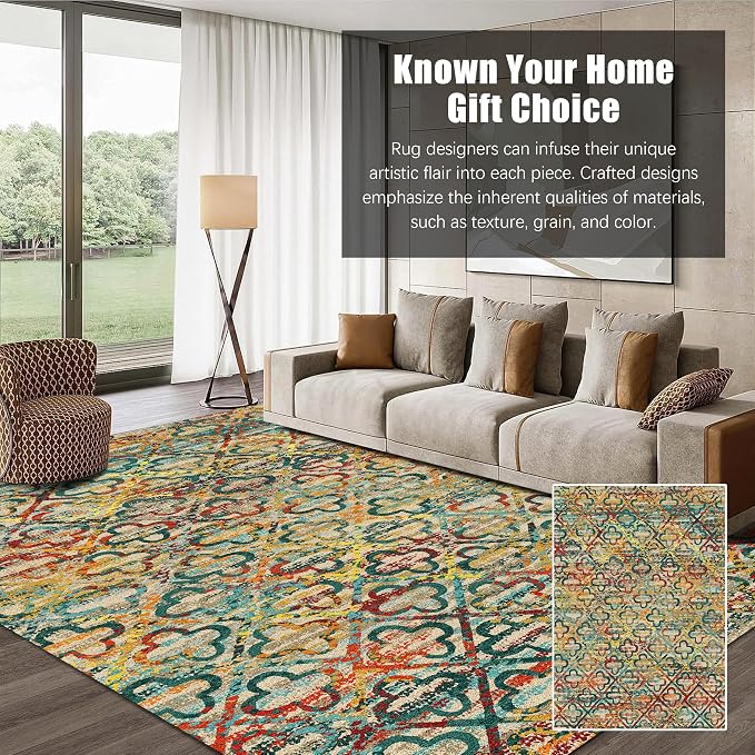 RUGSURE Washable Area Rugs, 9' x 12' - 1/6 Thick - Stain & Water Resistant Non-Slip - Perfect Resistant Rug for Living Room, Bedroom, Nursery, Pet & Child Friendly, Vibrant Colors Rugs, Multicolor