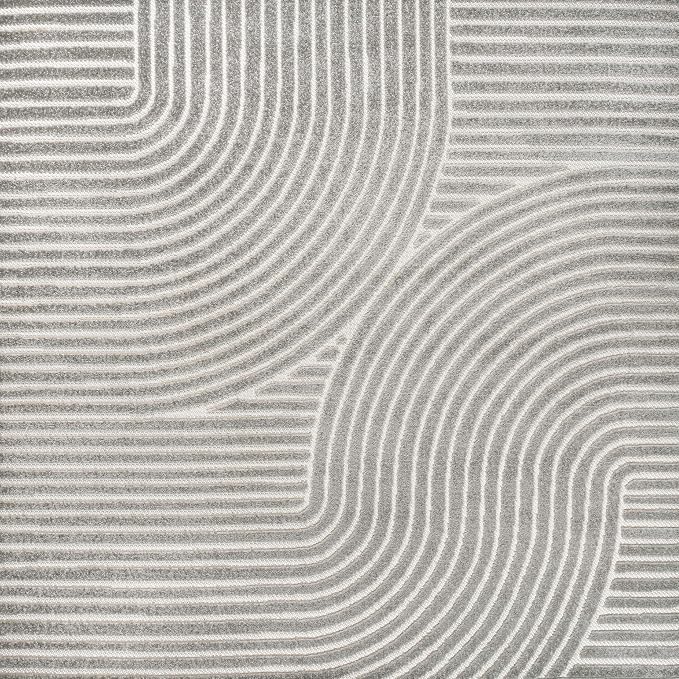 JONATHAN Y Hallie High-Low Curve Gray/Ivory 5x5 Square Indoor/Outdoor Area Rug, Minimalist, Pet Friendly, Non-Shedding, Stain Resistant, Hose-Washable for Backyard, Patio, Porch (SCN100A-5SQ)