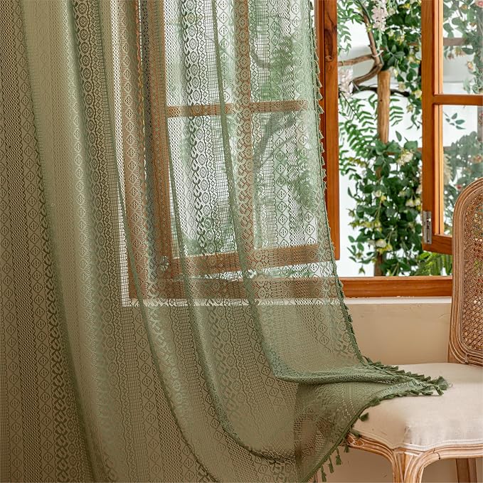 Sutuo Home Olive Green Boho Sheer Curtains 72 Inches Long for Kitchen Bedroom, Lace Curtains Bohemian French Country Privacy Crochet Light Filtering Vintage Tassels Christmas Rod Pocket,2 Panels 50"W