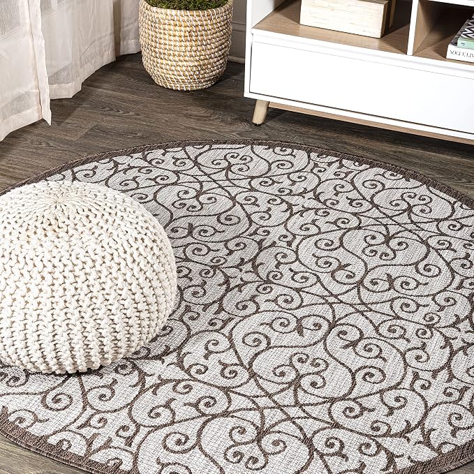 JONATHAN Y Vintage Filigree Indoor Outdoor Round Area Rug 8 Ft Taupe/Espresso, Madrid Textured Weave for Backyard, Patio, Porch, Easy-Cleaning, High Traffic, Pet-Friendly, Non-Shedding (SMB107C-8R)