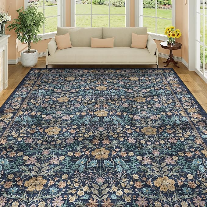 DUKINO 8x10 Area Rug, Vintage Floral Washable Rug for Living Room Dark Blue | Non Slip, Low Pile, Non-Shedding, Stain Resistant, Aesthetic Soft Indoor Large Carpet for Bedroom, Dining Room, Farmhouse