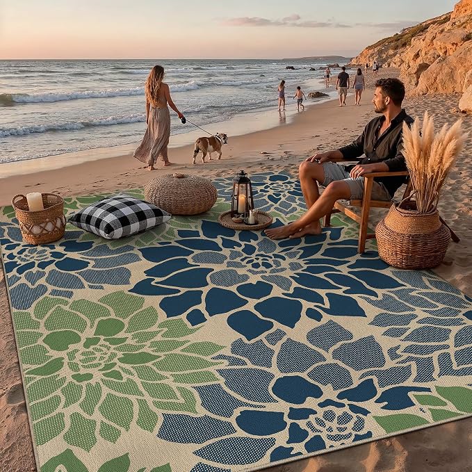 PureCozy 9x12 Easy Jute Outdoor Rug Navy/Green Floral Textured Indoor Outdoor Area Rug Farmhouse Patio Carpet for Backyard, Patio, Porch, Easy-Cleaning, High Traffic, Pet-Friendly, Non-Shedding