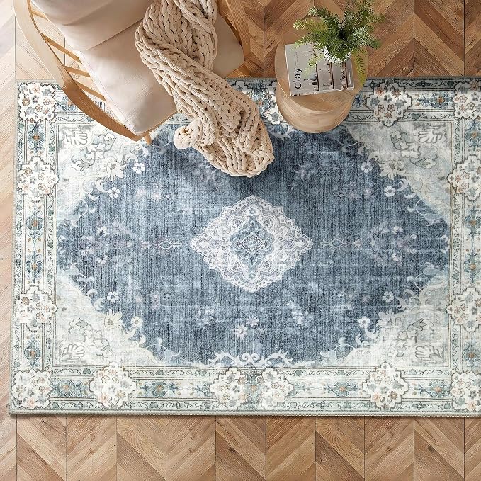 MUJOO 3x5 Rug Washable,Boho Area Rugs Small Non Slip Low-Pile Floral | Machine Washable Throw Carpet for Entryway Bedroom Bedside Kitchen Hallway Living Room Soft Indoor Flowers Blue and Grey