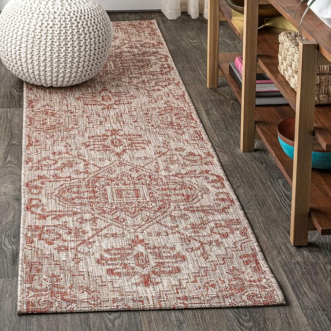 JONATHAN Y Boho Medallion Indoor Outdoor Runner Rug 2X10 Red/Taupe, Estrella Textured Weave for Backyard, Patio, Porch, Easy-Cleaning, High Traffic, Pet-Friendly, Non-Shedding (SMB105A-210)