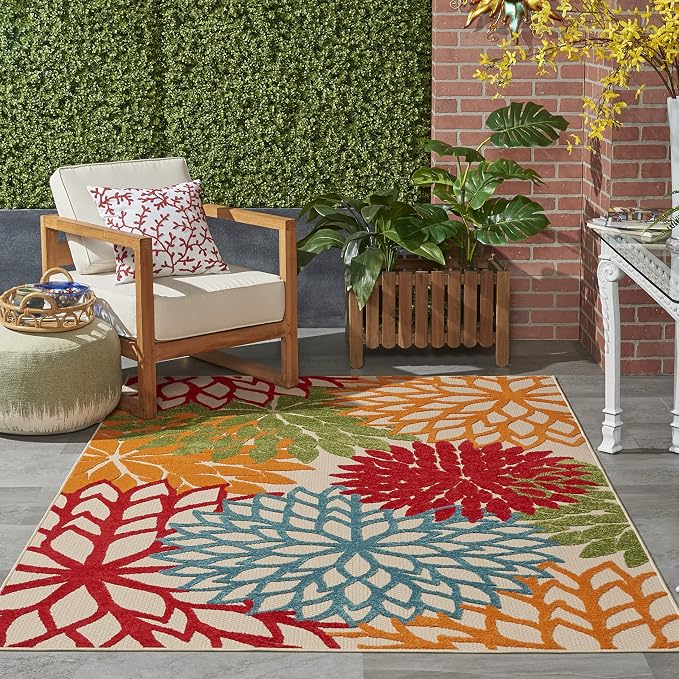 Nourison Home Aloha Indoor/Outdoor Green 5'3" x 7'5" Area Rug, Tropical, Botanical, Easy Clean, Non Shedding, Bed Room, Living Room, Dining Room, Deck, Backyard, Patio (5x7)