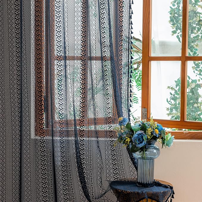 Sutuo Home Navy Blue Boho Curtains 2 Panels 84 Inches Long for Bedroom Living Room, Semi Sheer Macrame Lace Crochet Privacy Farmhouse Vintage Tassels Retro Strips Window Curtains Decor Rod Pocket,50"W