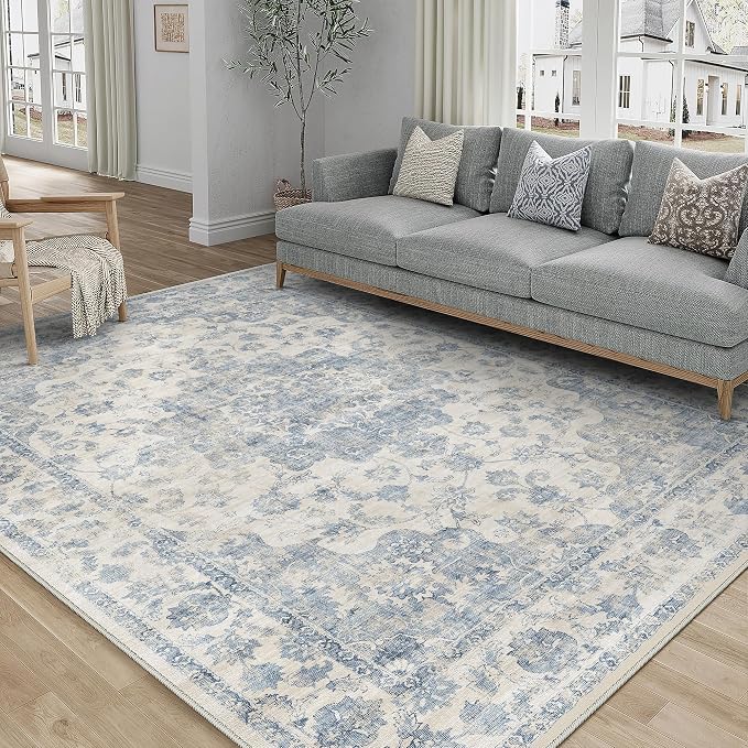 5x7 Blue Neutral Area Rug | Washable, Non Slip, Soft Low Pile, Vintage Farmhouse, for Living Room Bedroom Dining Room Office Indoor Home Decor