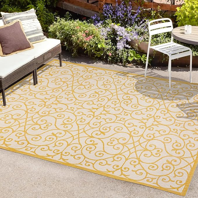 JONATHAN Y Vintage Filigree Indoor Outdoor Area Rug 8X10 Cream/Yellow, Madrid Textured Weave for Backyard, Patio, Porch, Easy-Cleaning, High Traffic, Pet-Friendly, Non-Shedding (SMB107D-8)