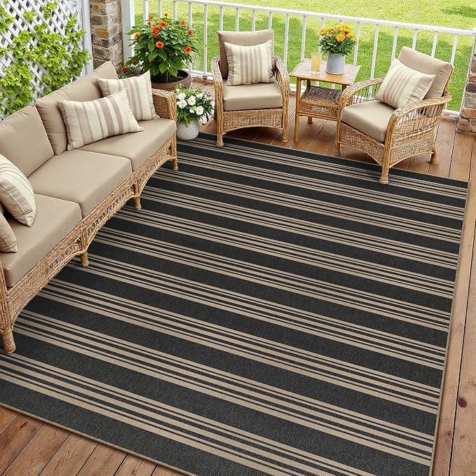 PureCozy Outdoor Rug 6x9 Washable Striped Jute Look Non Slip Carpet | Black and Tan Stripe Farmhouse Style, Indoor Outdoor Area Rug for Patio, Living Room, Dining Room, Non Shedding, Neutral Rugs