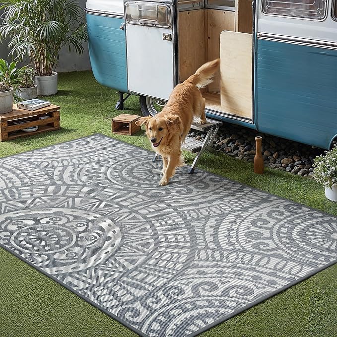 HUGEAR 6x9 Outdoor Boho Rug Grey Patio Waterproof Rug Home Decor Reversible Plastic Straw Rugs Outside Indoor Floor Mat for Camping Balcony RV Deck Porch Pool Backyard