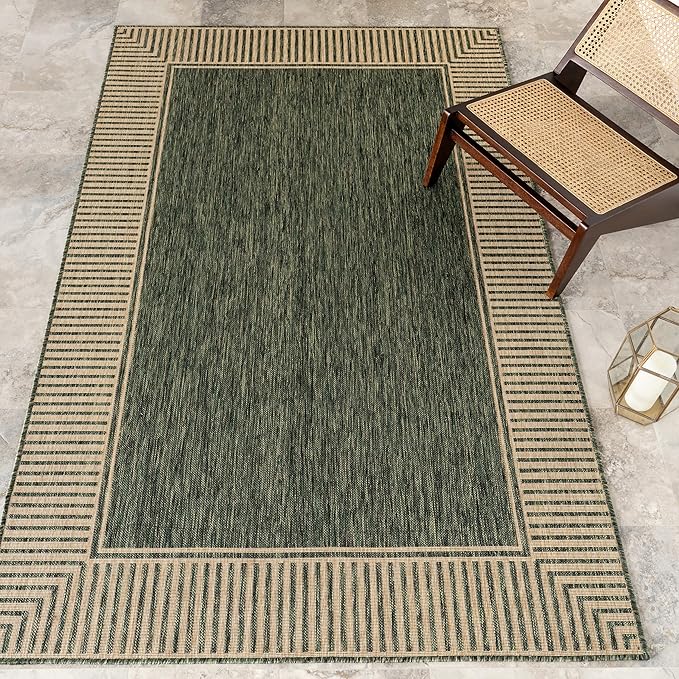 Nuloom Asha Green/Brown, 6'7" x 9', Casual, Striped Border, Soft and Cozy, High Traffic, Easy Clean, Durable Area Rug for Indoor/Outdoor Patio, Deck, Porch, Garden, Courtyard
