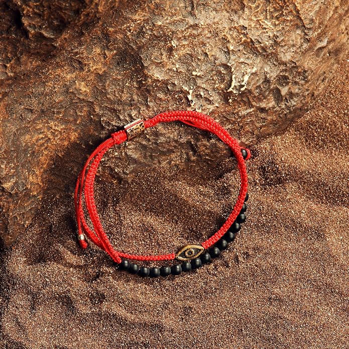 KARMA AND LUCK - Brave Gaze - Men's Real Matte Onyx/Jade Stone Bronze Brass Evil Eye Charm Red String Adjustable Drawstring Closure Bracelet Handmade with Love in Bali