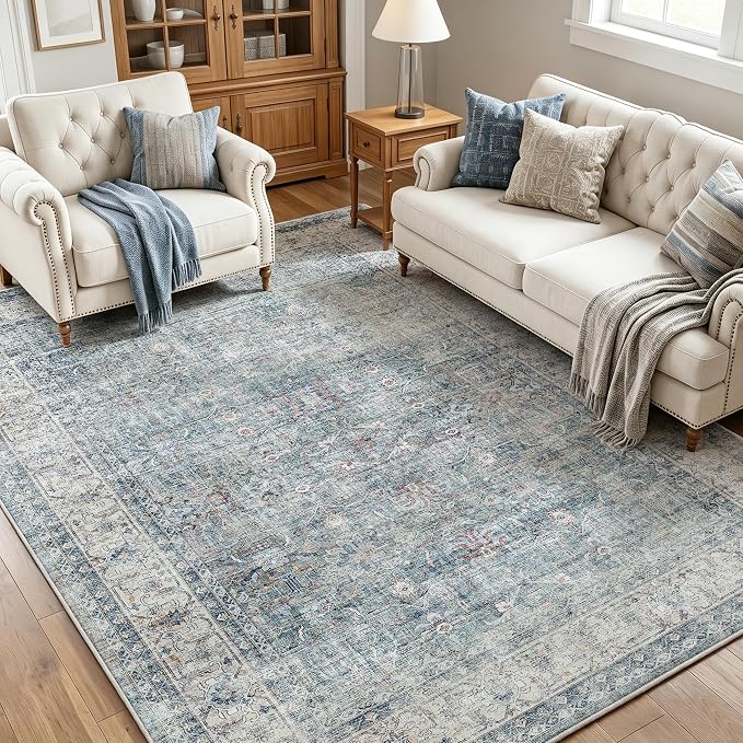 Beauoop 5x7 Washable Blue Neutral Vintage Oriental Area Rug for Living Room | Distressed Retro Traditional Pattern Non Slip Low Pile Soft Indoor Large Carpet Dusty Blue Bedroom Dining Room Office Nursery