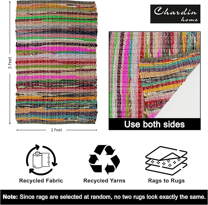 Chardin home - Eco Friendly 100% Recycled Cotton Colorful Chindi Area Rug, Multi (24x36 Inch.)