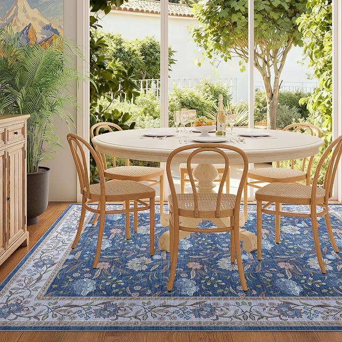DUKINO 4x6 Area Rug, Washable Vintage Floral Rug for Living Room, Sky Blue | Non Slip, Low Pile, Stain Resistant Boho Lightweight Soft Indoor Carpet for Bedroom Office Dining Room Entryway Farmhouse