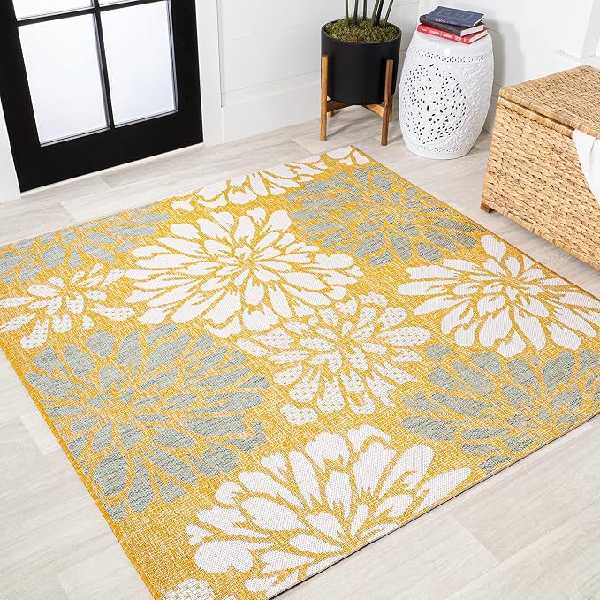 JONATHAN Y Floral Textured Weave Indoor Outdoor Square Area Rug 5X5 Yellow/Cream, Zinnia Modern for Backyard, Patio, Porch, Easy-Cleaning, High Traffic, Pet-Friendly, Non-Shedding (SMB110G-5SQ)