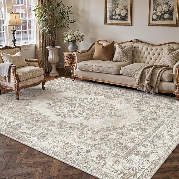 PureCozy 5x8 Area Rug Beige Washable Vintage Distressed Living Room Carpet Large Bedroom Indoor Neutral Medallion Floral Non Slip Retro Throw Floor Mat for Office Dining Room Kitchen Bathroom