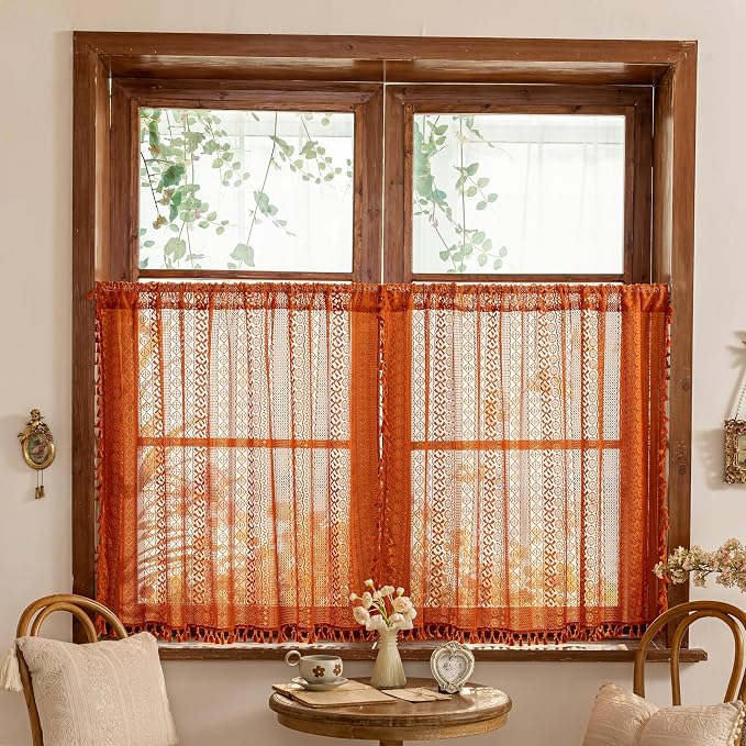 Sutuo Home Boho Kitchen Window Curtains for Closet Dishwasher,Sheer Lace Curtains Valance French Country Privacy Vintage Tassels Orange Rustic Rod Pocket Halloween Decor, 50" x 36",2 Panels Terracotta