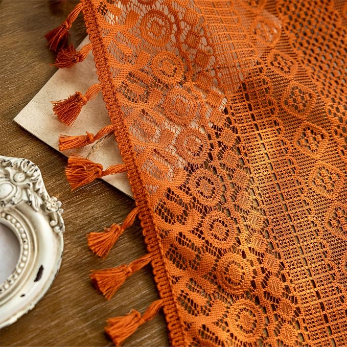 Sutuo Home Terracotta Boho Lace Vintage Curtains 45 Inches 2 Panels for Kitchen Cafe, Orange Small Window Curtains Semi Sheer Crochet Country Tassels Bohemian Drape Privacy Cottage Rod Pocket, 50" W