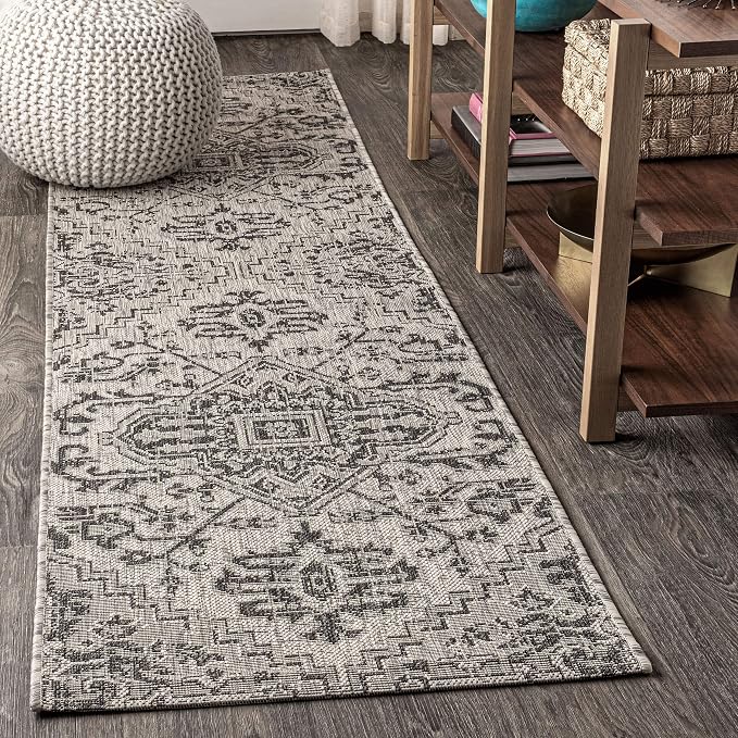JONATHAN Y Boho Medallion Indoor Outdoor Runner Rug 2X8 Black/Gray, Estrella Textured Weave for Backyard, Patio, Porch, Easy-Cleaning, High Traffic, Pet-Friendly, Non-Shedding (SMB105D-28)