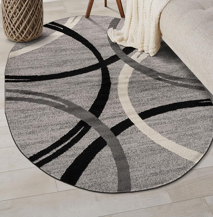 Rugshop Wavy Circles Non-Shedding Living Room Bedroom Oval Rug Gray 5' x 7'