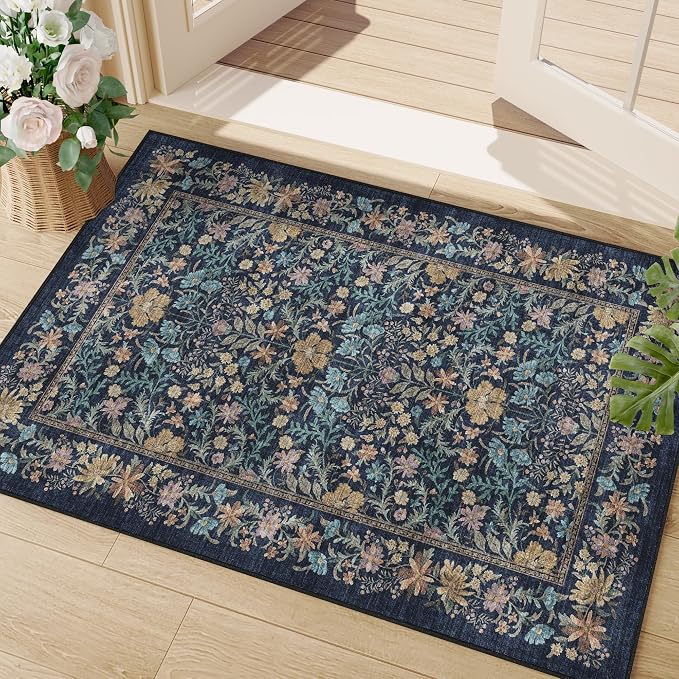 DUKINO 2x3 Entryway Rug, Washable Vintage Floral Area Rug, Dark Blue | Non Slip, Low Pile, Non-Shedding, Soft Indoor Door Mat, Small Front Door Throw Carpet for Bathroom Kitchen Entrance Bedroom
