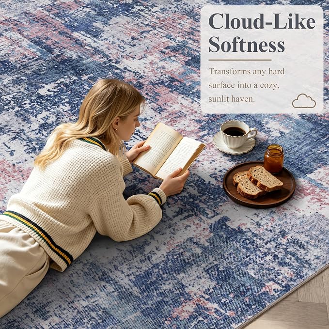 Sasttie 8x10 Soft Area Rug for Living Room, Modern Abstract Washable Large Carpet for Bedroom, with Non-Slip Backing, Pink and Blue