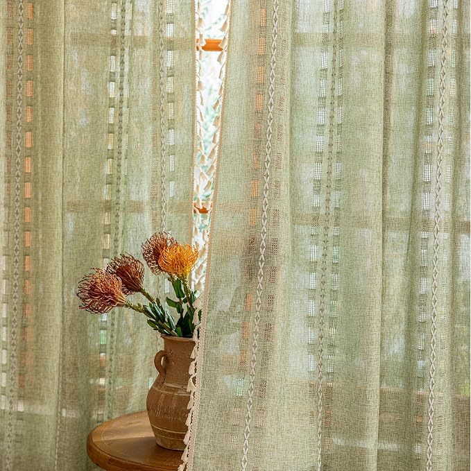 Sage Green Boho Semi Sheer Curtains 63 inch Length 2 Panel Set for Bedroom & Farmhouse, Bohemian Light Filtering Privacy Drapes Tassels Shabby Chic Christmas Window Curtains Back Tab & Rod pocket