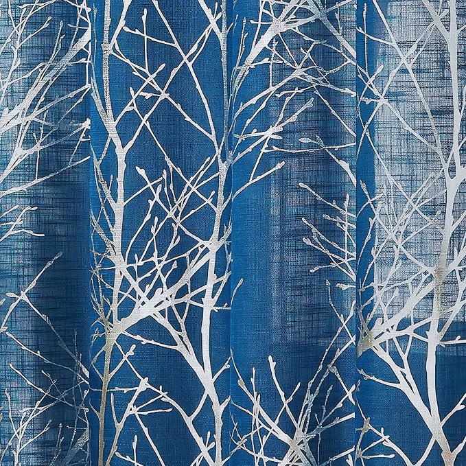 FMFUNCTEX Linen Silver Navy Blue Semi Sheer Print Curtains 63 Inch 2 Panels | Metallic Branch Sheer Patterned Drapes, Light Filtering Grommet Panels for Modern Farmhouse Bedroom and Living Room Style