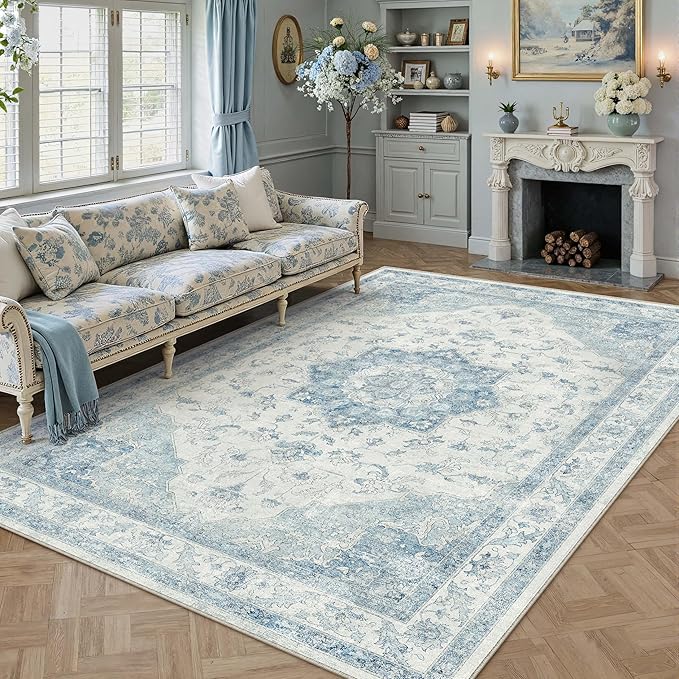 PureCozy Blue Area Rug 8x10 Washable Vintage Carpet for Living Room Bedroom Large Soft Retro Low Pile Thin Indoor Rug Non Slip Oriental Medallion Floor Cover for Dining Room Office