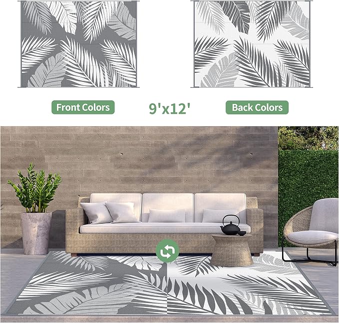GENIMO Outdoor Rug, Waterproof Plastic Rugs for Patio, 9'x12' Grey White | Outside Larger Leaf Carpet Mat for Porch Decor, Deck, Balcony, Camping, RV, Backyard, Picnic, Beach, Reversible, Foldable
