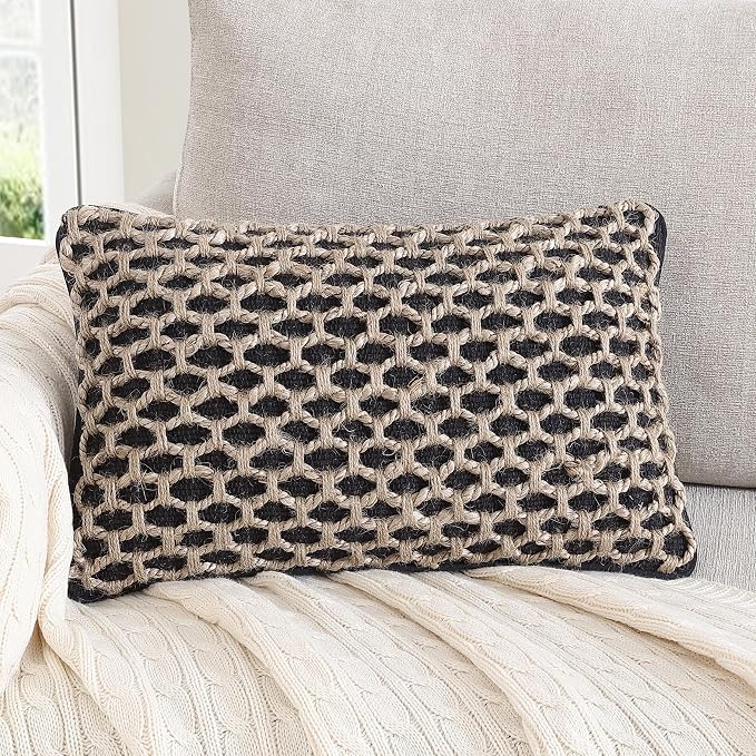 Boho Living Jada Decorative Throw, Includes Accent, Premium Woven Design, Living Room Décor, (1) 12" x 20" Pillow Cover with Insert, Black