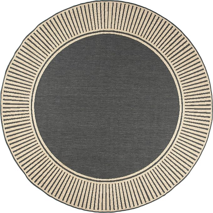 Nuloom Asha Dark Grey/Ivory, 8' Round, Casual, Striped Border, Soft and Cozy, High Traffic, Stain Resistant, Easy Clean, Durable Area Rug for Indoor/Outdoor Patio, Deck, Porch, Garden, Courtyard