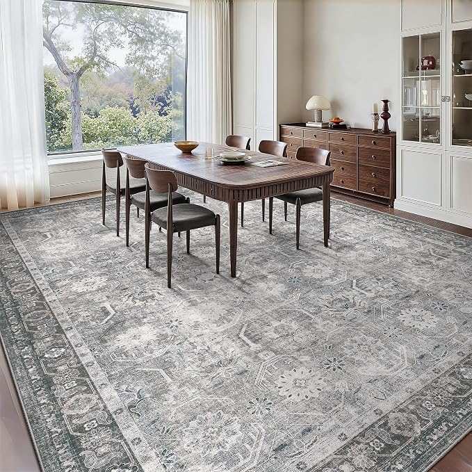 Large Area Rug 10x14, Soft Non Slip Low Pile Washable Rug, Boho Modern Area Rug for Living Room, Bedroom, Dining Room, Distressed Grey