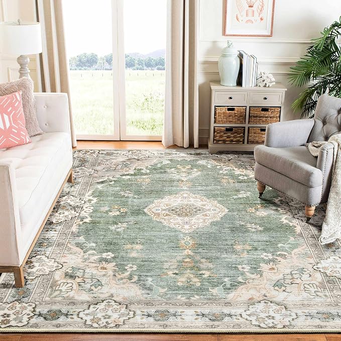 MUJOO Green Rug Washable,6x9 Area Rugs Non Slip Low-Pile Floral Large | Machine Washable Throw Carpet for Living Room Bedroom Dining Room Boho Soft Indoor Vintage Abstract Flowers Sage Green
